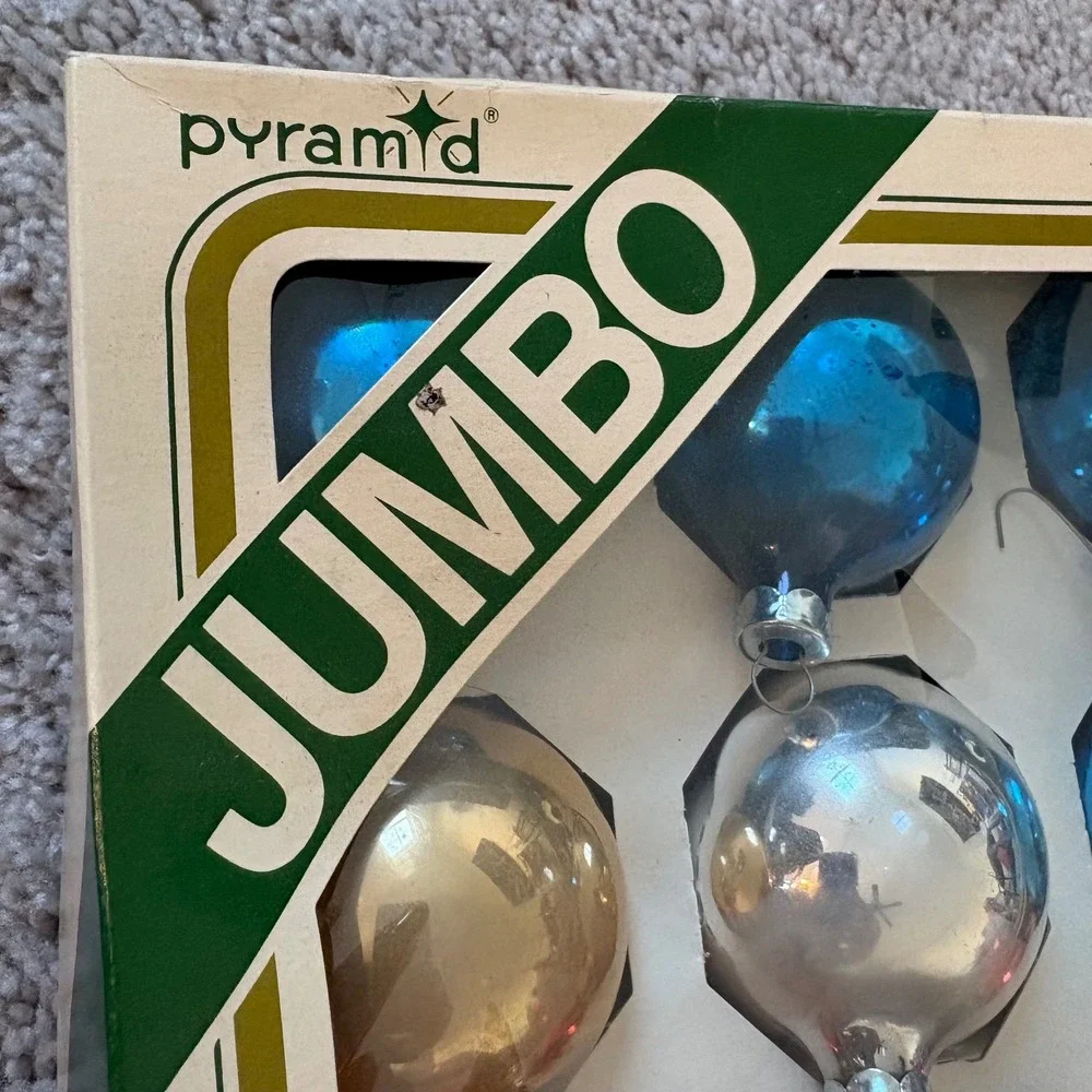 Pyramid Jumbo Christmas Ornaments 15pc Red Blue Silver Gold Made in USA‎ Vintage